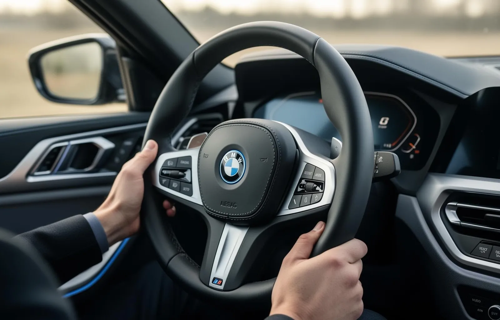 Hender på rattet i en BMW i4